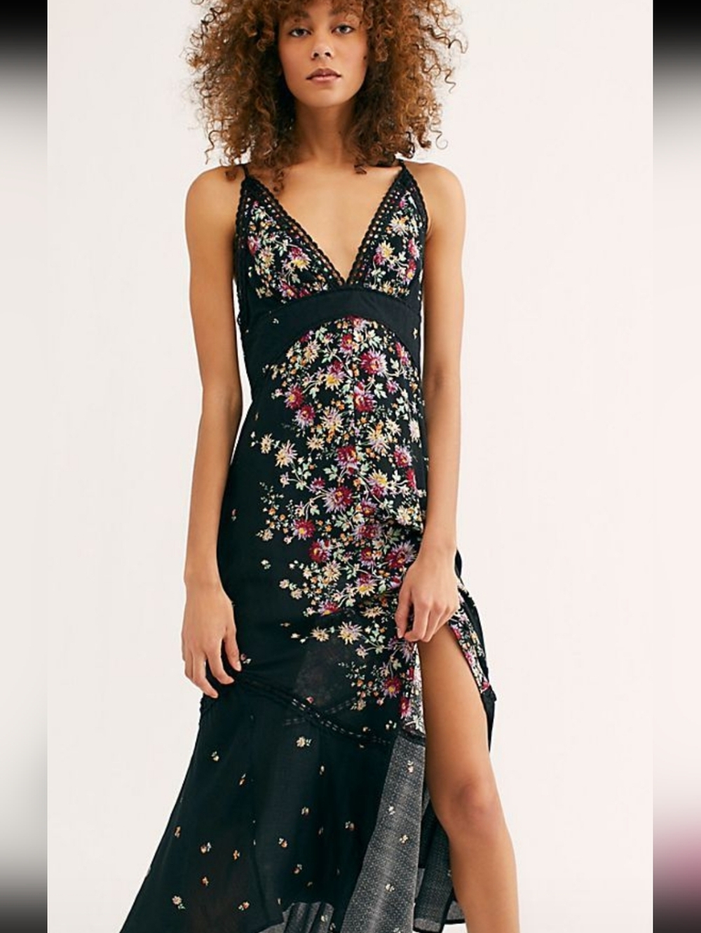Free People Intimately Black Floral Lace Trim Maxi Slip Dress Boho Deep V Size S